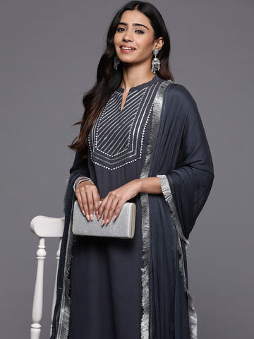 Varanga Women Grey Gota Embroideted Straight Kurta With Bottom And Dupatta